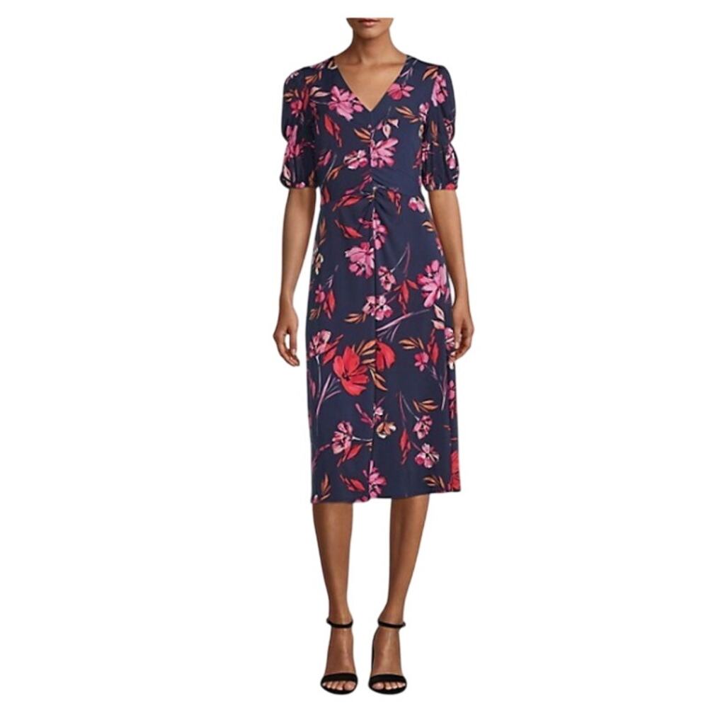 Vince Camuto Floral Blue Midi Dress Size 12 NEW $178  1/2 Sleeve Casual Career